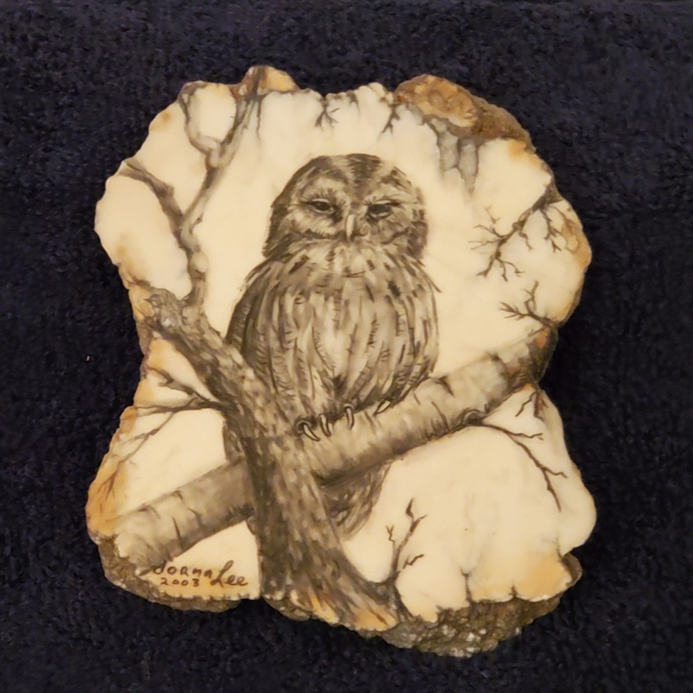JORMA LEE 2003 signed charcoal Owl on Howlite stone